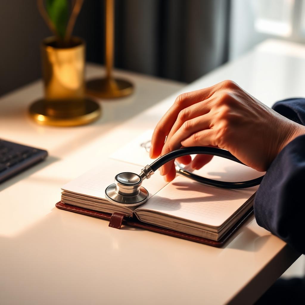 Provider's hands with stethoscope and notebook